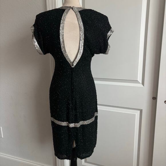 VTG 80s Saks Fifth Avenue Black Silk Beaded Nights Cocktail Bow Dress S Holiday - Picture 10 of 14